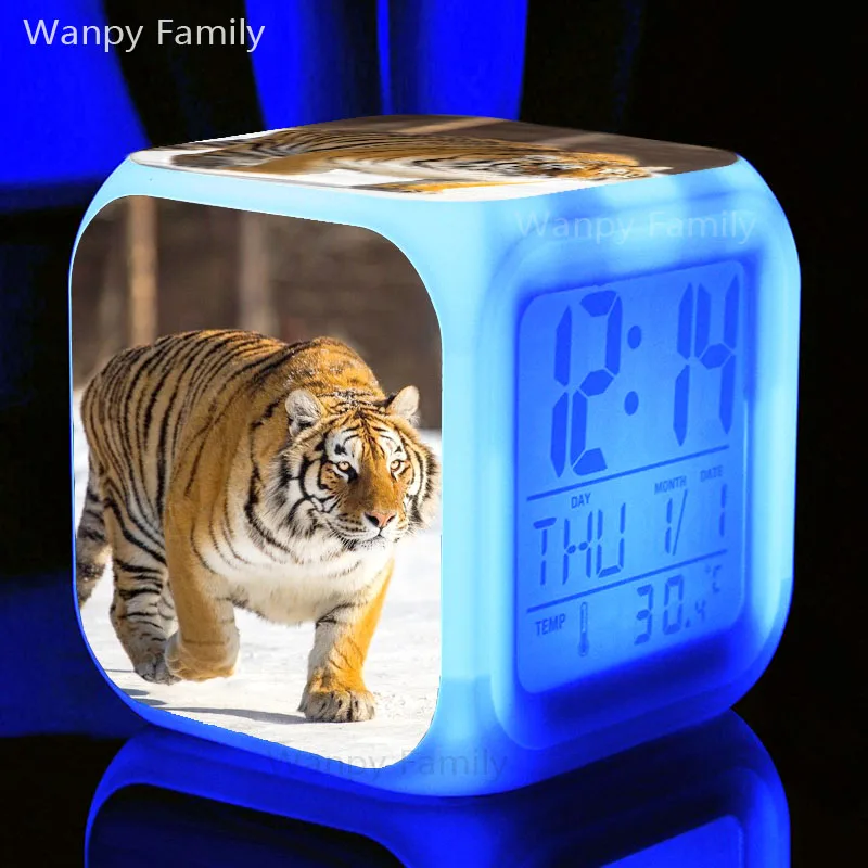 Animal Tiger Alarm Clock 7color Changing Glowing Lcd Digital Clock Kids