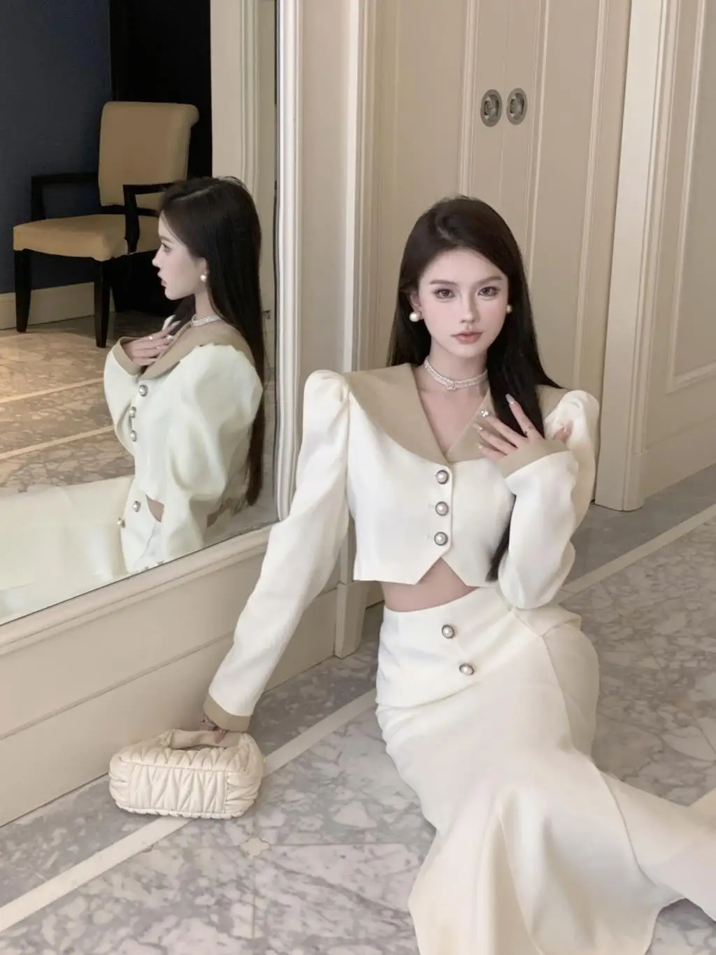 Elegant Two Piece Set Women Long Sleeves Short Coat + High Waist Mermaid Skirt Autumn Winter Solid Korean Style Patchwork Outfit