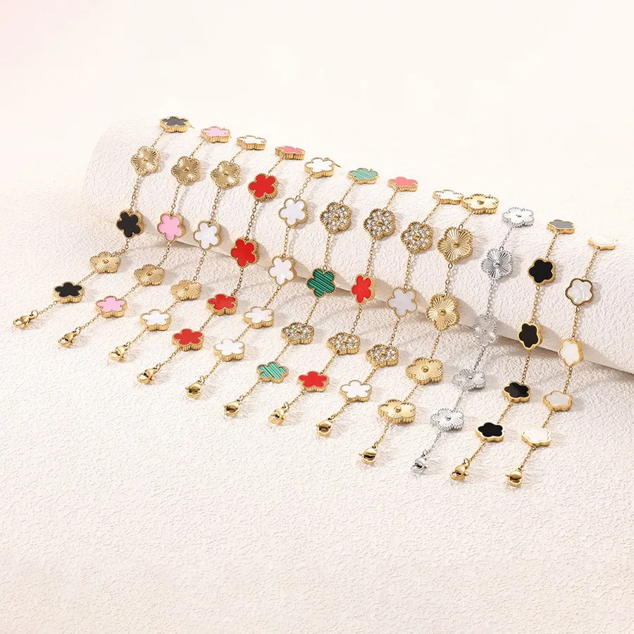 Stainless Steel Bracelet 1 piece stainless steel zircon mother of pearl five leaf flower bracelet women simple fashionable gift