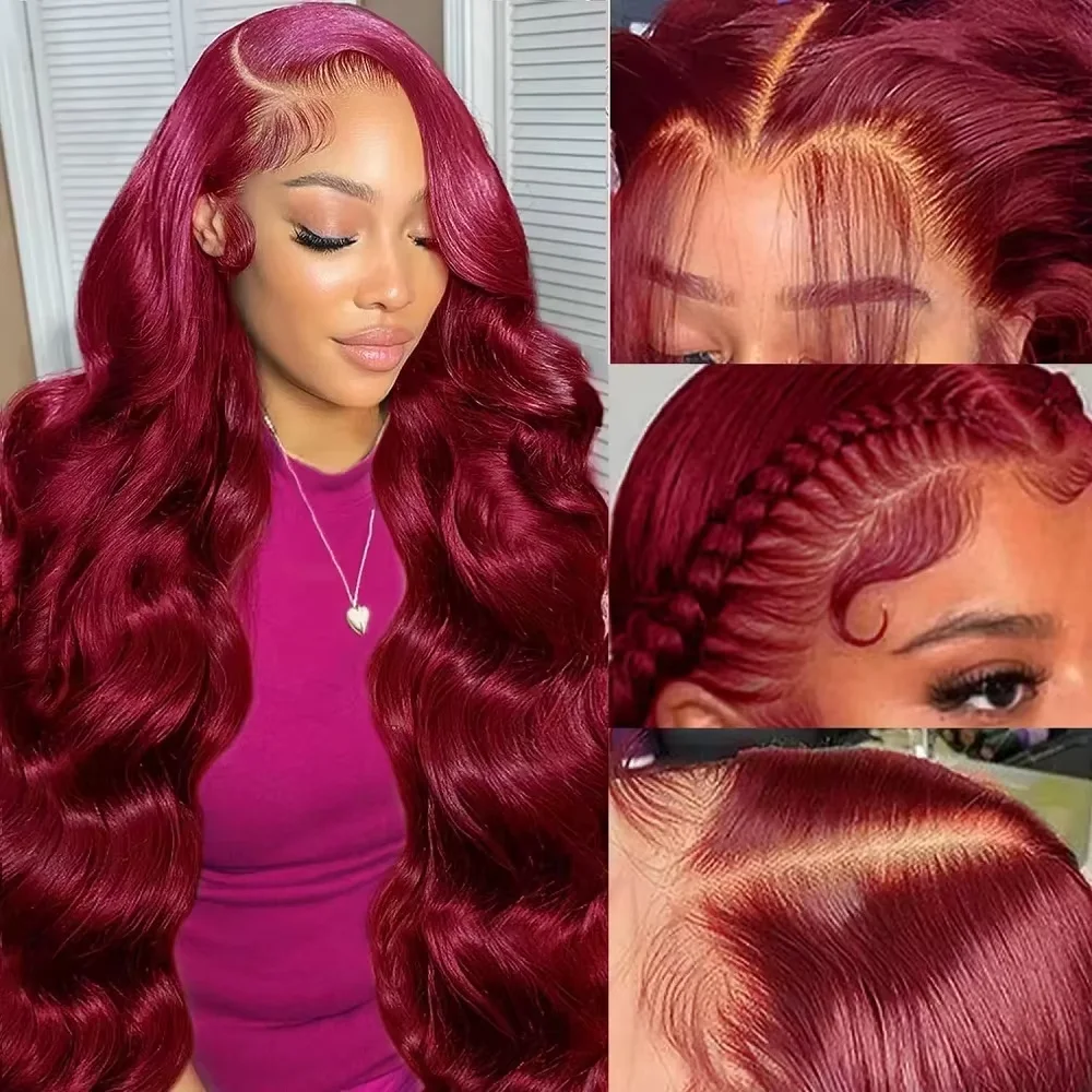 220 Density 99J Burgunderrote 13x4 Lace-Front-Perücke aus Echthaar, 13x6 Body Wave HD Lace Frontal Perücken aus Echthaar, vorgezupfte Perücke für Damen – Detail 1