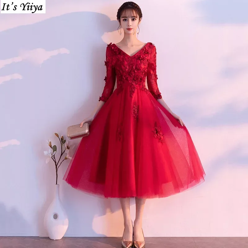 

Evening Dress Burgundy Appliques Floral V-neck Half Sleeves Lace up A-line Tea-length Women Party Formal Gown Vestidos De Fiesta