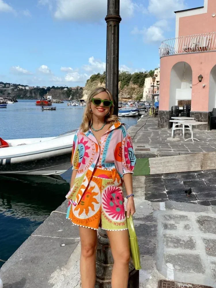 Women Printed Casual Shorts Set Casual Lapel Short Sleeve Shirt Suit Female 2024 New Elastic Waist Summer Beach Holiday Outfits