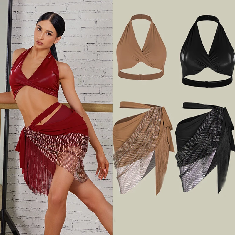 

Adults Sexy Backless Latin Top Irregular Fringes Skirt Women Latin Dance Costumes Cha cha Latin Dance Competition Clothes SL7969