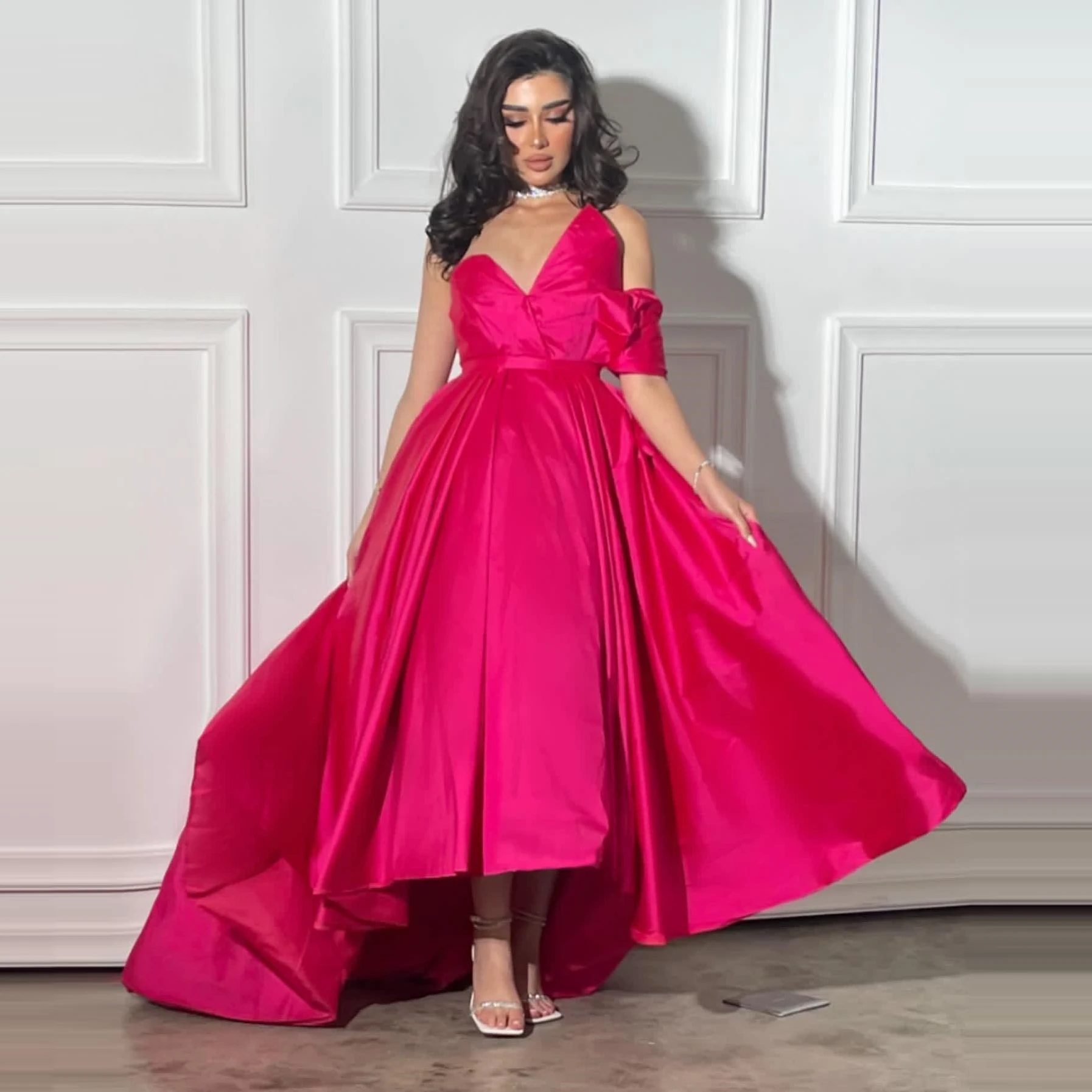 

V-Neck Stain Vinatge Formal Evening Gowns One Shoulder Sleeves فساتين سهرة Ankle Length Elegant Prom Dresses Party Women