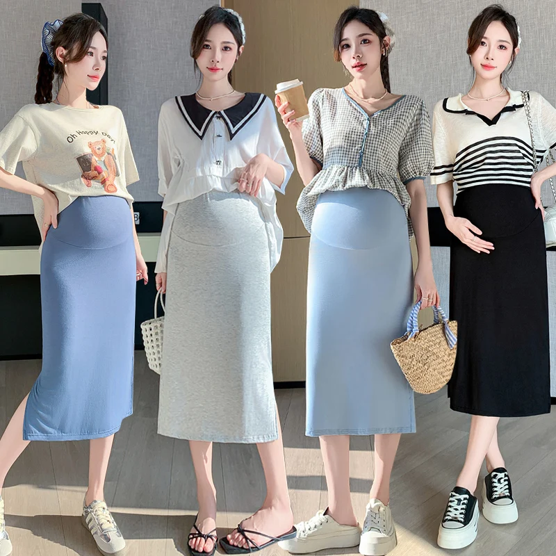 OOTD 24SS Y2K Youth Pregnancy Summer Thin Modal Skirts Belly Support Side Splits Pencil Skirts for Pregnant Women Pregnancy