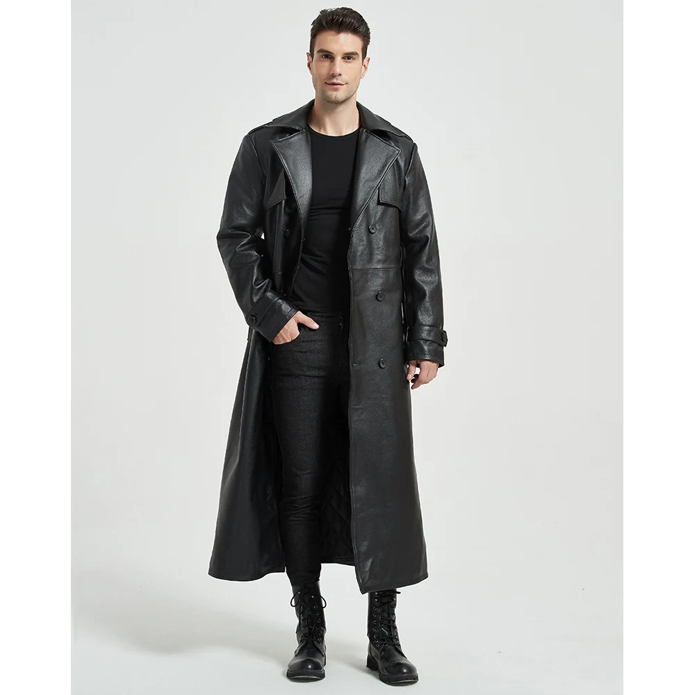 Men Leather Jacket Ultra Long Quilted 100% Natural Cowhide Winter Euro US Size Sleeve 66-69 Chest 106~130 M464