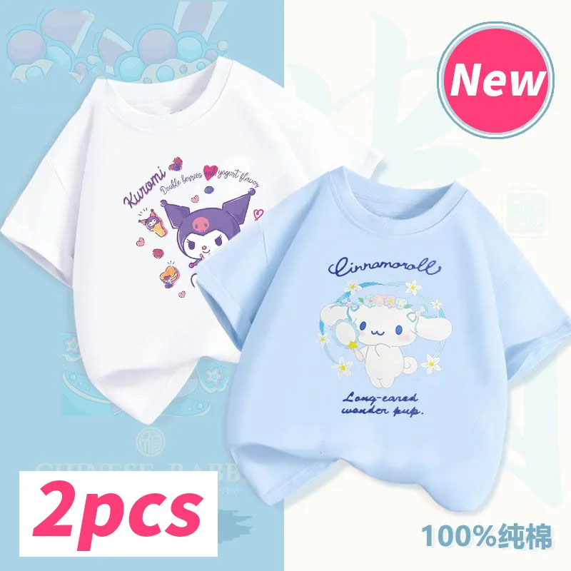 Summer Kuromi Cinnamoroll Melody Children T Shirt Sanrio Anime Cartoons Casual Clothes Girl Boy Pure Cotton Short Sleeve Tops mochila sanrio kuromi large capacity waterproof backpack for school kawaii anime pink cosplay bag travel bag school student girl