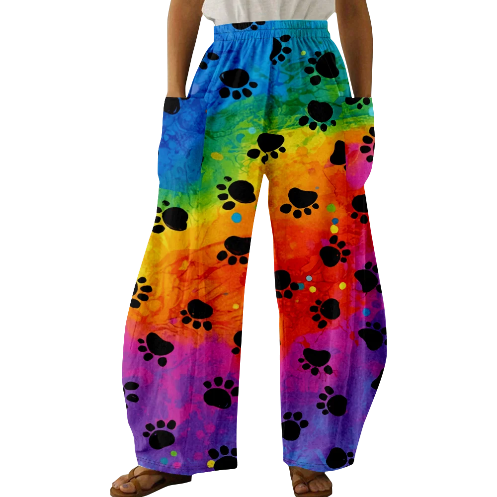 Spring Stylish Dog Paw Print Pants Summer Casual Oversized Girls Cute Y2K Trousers Pocket Women Wide Leg Pants Pantalon