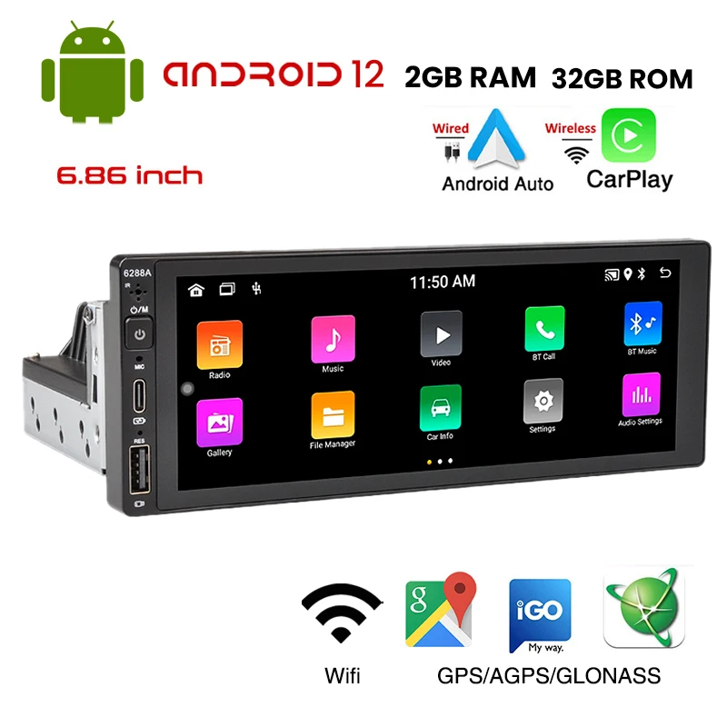 1DinAndroidCarRadioWirelessCarPlayMirrorLinkBluetoothWiFi