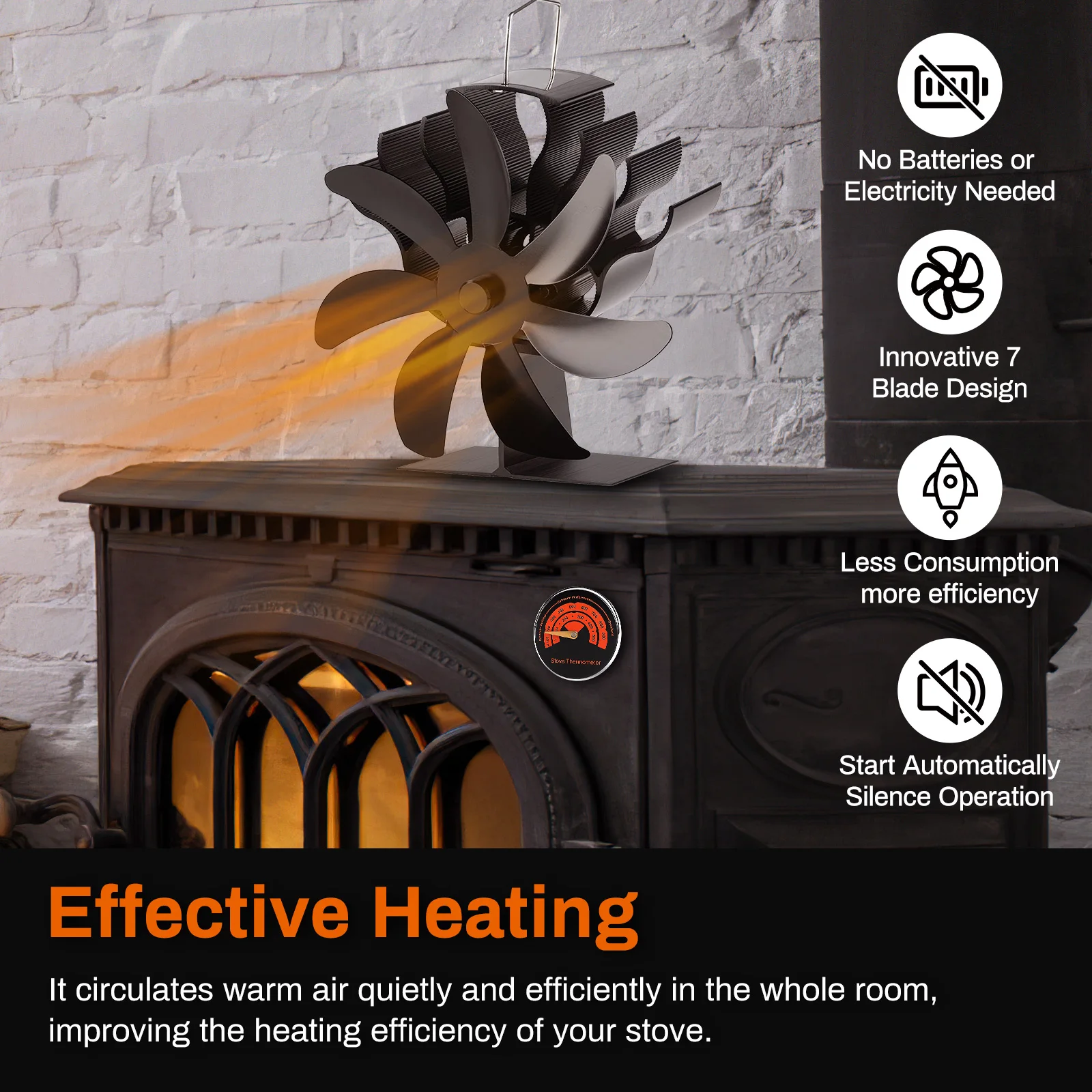 7 Blades Heat Powered Fireplace Fan Quiet Safe Burning Stove Fan Efficient Heat Distribution for Home Firewood Log Wood Burner fireplace fan