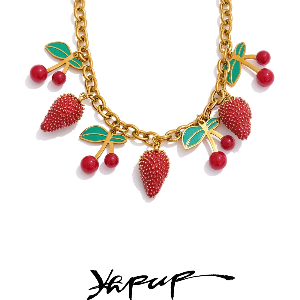 Yhpup 2025 Red Enamel Acrylic Cherry Strawberry Drop Necklace for Women