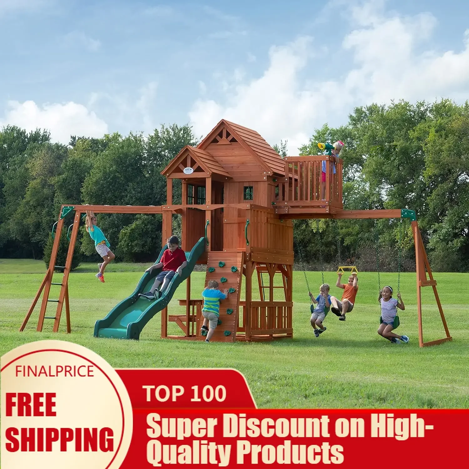 Cedar Wood Swing Set with Slide & Clubhouse 1