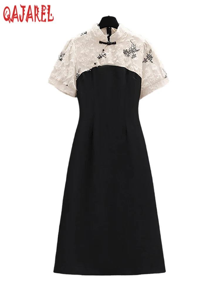 

Summer Black Patchwork Embroidery Floral Luxury Midi Dress Women Korean Vintage Hepburn Dress Summer Elegant Causal Party Dress