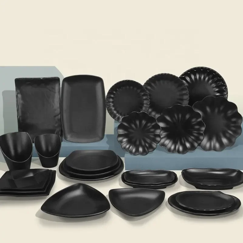 Matte Black Plate Melamine Tableware Snack Plate Square Plastic Dinner Kitchen Supplies Commercial Rotisserie Side Dishes
