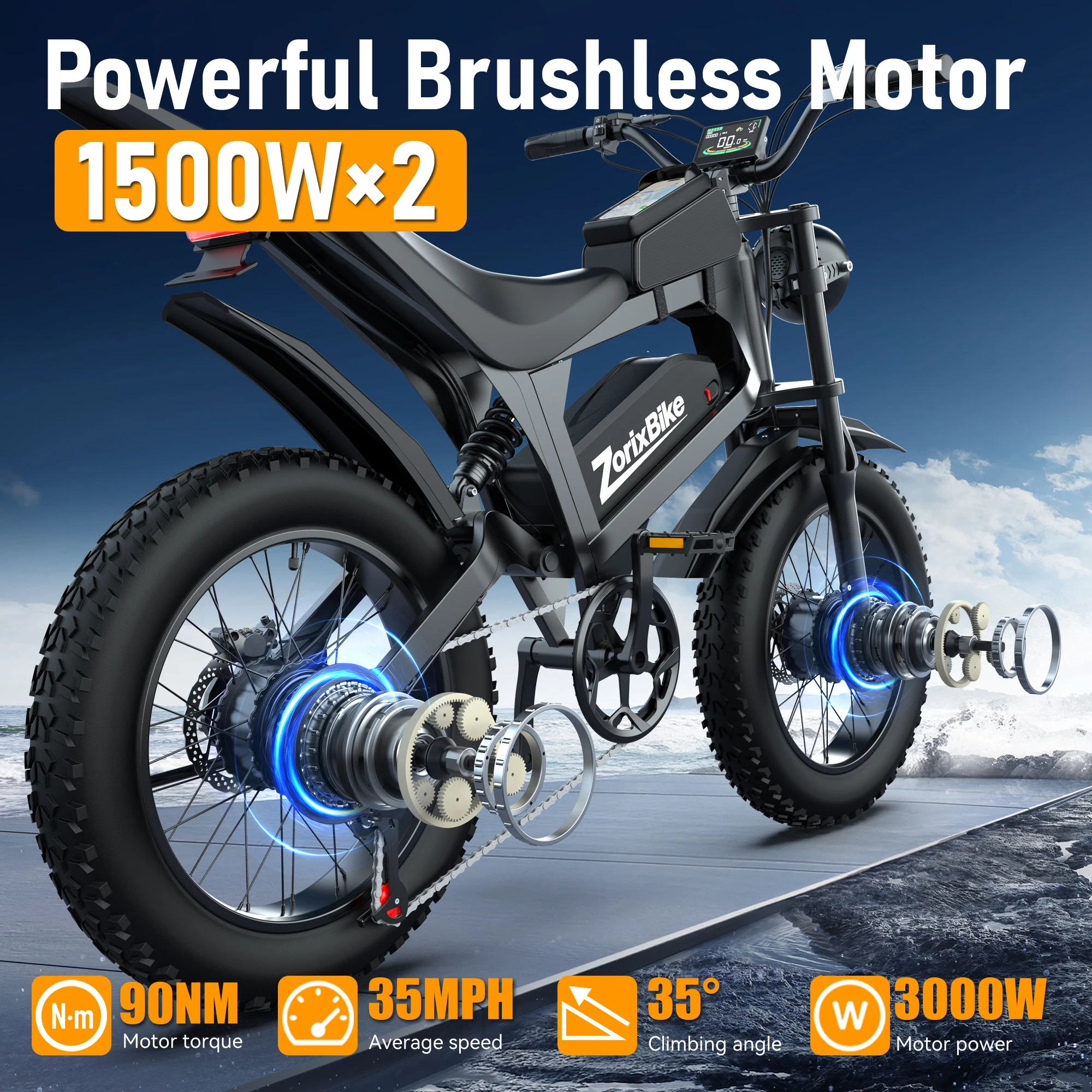 ZorixBike R8 Pro Electric Off-Road Bike 20x4.0 3000W 35Mph 80Mile 48V 23Ah,7 Speed Wide Tire All Terrain E-Bike For Adult