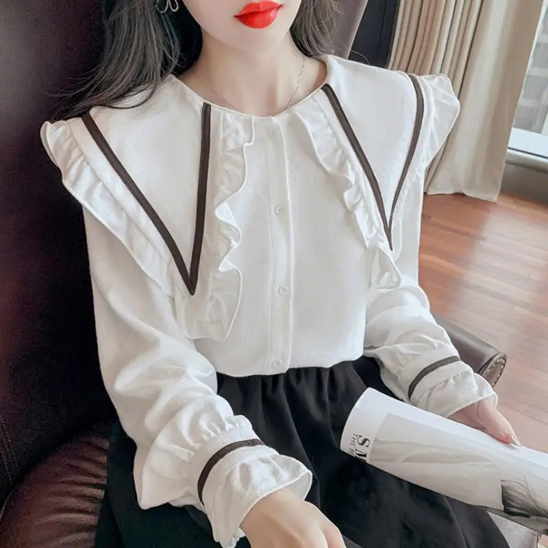 

2023 New Loose All-Match Chic Long Sleeve Top Blouse Mujer Fashion Wooden Ear Doll Collar Shirt Women's Autumn Clothing