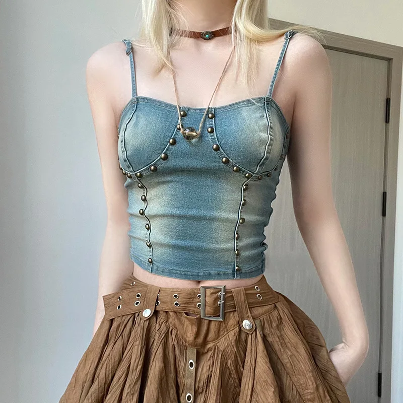 

Rivet Decorated Slim Fit Tank Top Women's Vintage Distressed Denim Strap Top Street Top