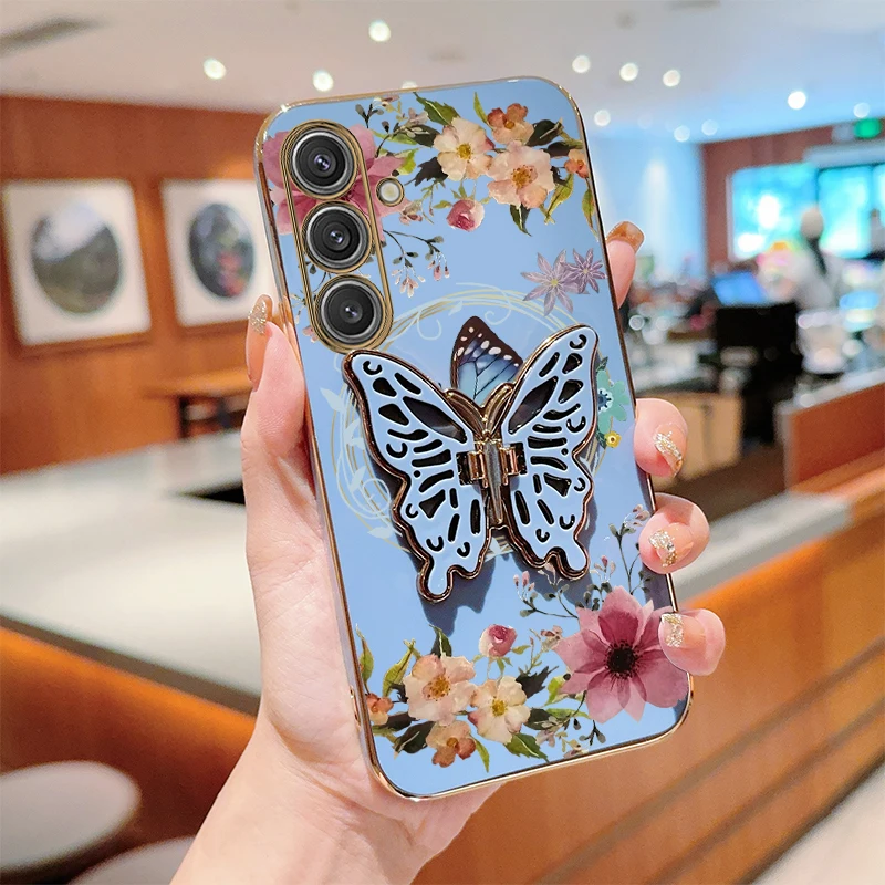 Elegant Flower Butterfly Plating Phone Case with Holder