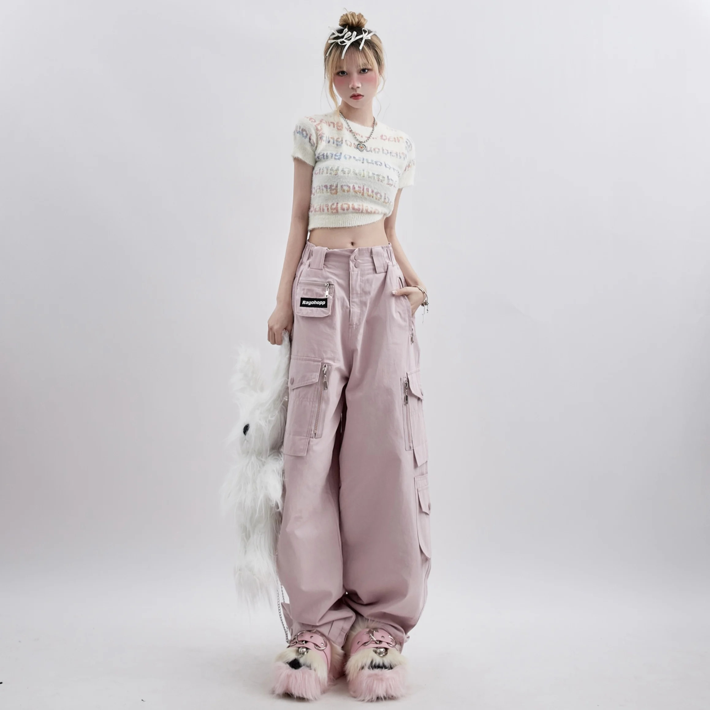 Streetwear Women's Summer Dancing Pink Overalls 2023 New Casual Fashion Brand High Waist Pocket Decoration Straight Pants Women