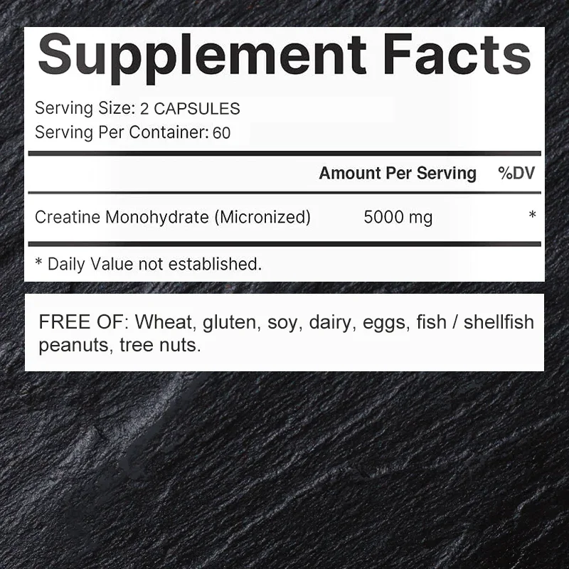 Creatine Monohydrate Capsules -Gluten-Free Supplement for Men and Women Vegan Non-GMO,