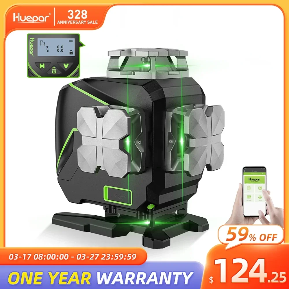 

Самовыравнивающийся 4D уровень Huepar, 16 линий, пересечение линий, с ЖК-экраном, дистанционное управление через Bluetooth, без кронштейна