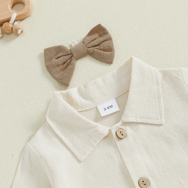 Baby Boys 2PCS Outfit Sets Long Sleeve Lapel Button Up Romper Solid Color Suspender Pants Sets 3