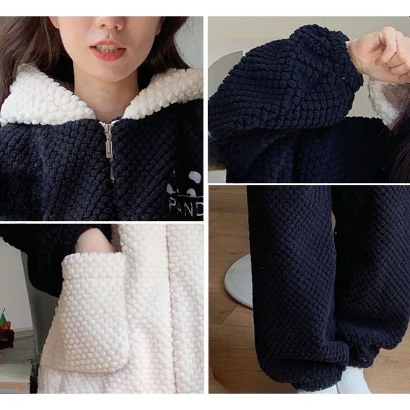 Women Nightclothes Autumn Winter Long Sleeve Coral Velvet Pajamas Female Cute Bear Zipper Homewear Hooded Warm Pajamas Suit 2024