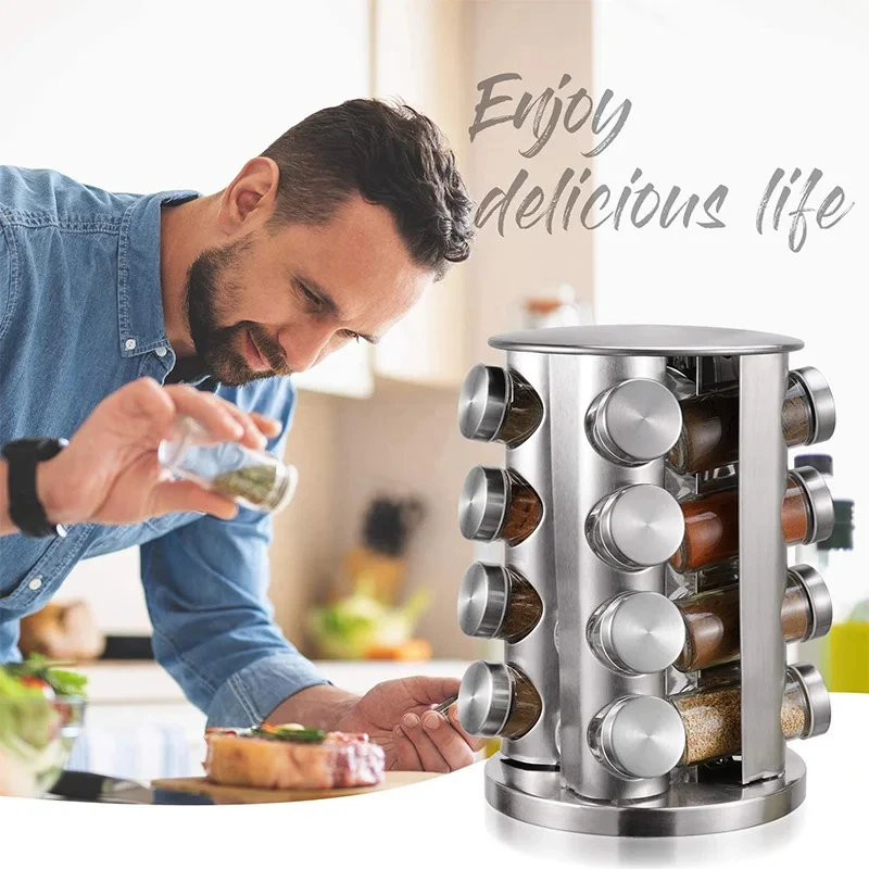 Rotating Tray Spice Rack with Round Bottle 430 Stainless Steel Kitchen Organizer Pantry Cabinet For Seasoning Storage