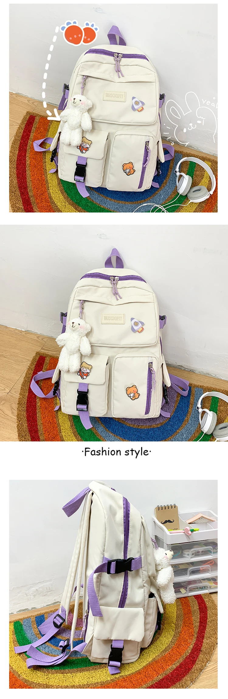 stylish eco friendly backpacks DCIMOR Fashion Nylon Women Backpack Female Cute Badge Travel Bag Multi-pocket Bear Schoolbag for Kawaii Girl Book Bagpack Preppy stylish backpacks for teenage girl