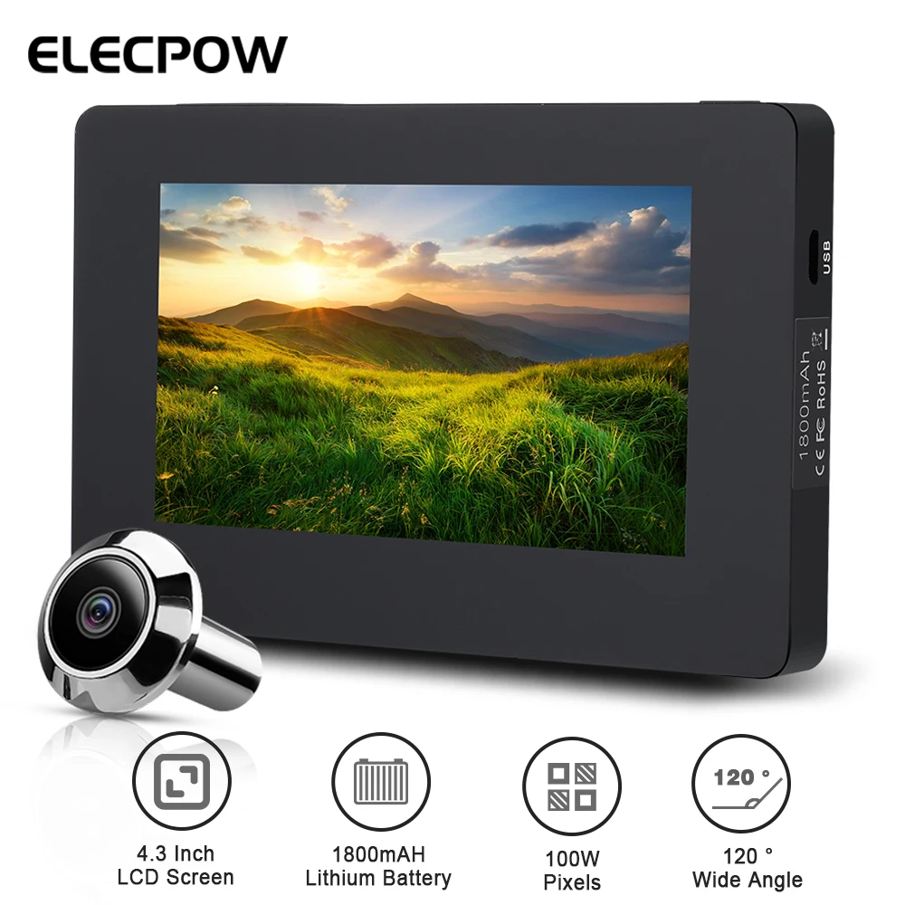 Elecpow 문짝 뷰어 초인종 카메라, 스마트 전자 고양이 눈 문짝 카메라, 야외 모니터, 4.3 인치 구멍, 120 ° LCD, 100W 픽셀