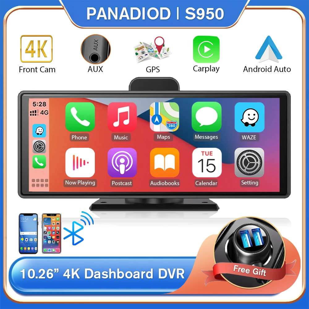 10.26 Inch 4k Car Dvr Carplay Dash Camera Usb Charger Mirror Android