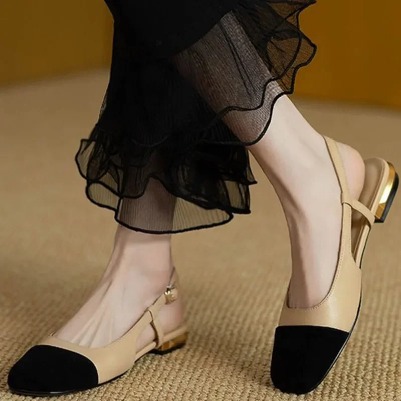 Women Slingback Sandals Retro Bucklr Strap Low Heel Concise Female Shoes Leisure Outdoor