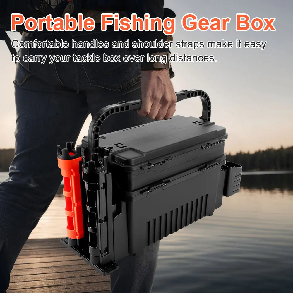 2 Tier Fishing Tackle Box Fishing Gear Box with Cup & Rod Holder Fishing Box 11 L Fishing Gear Carry On Case Fishing Accessories