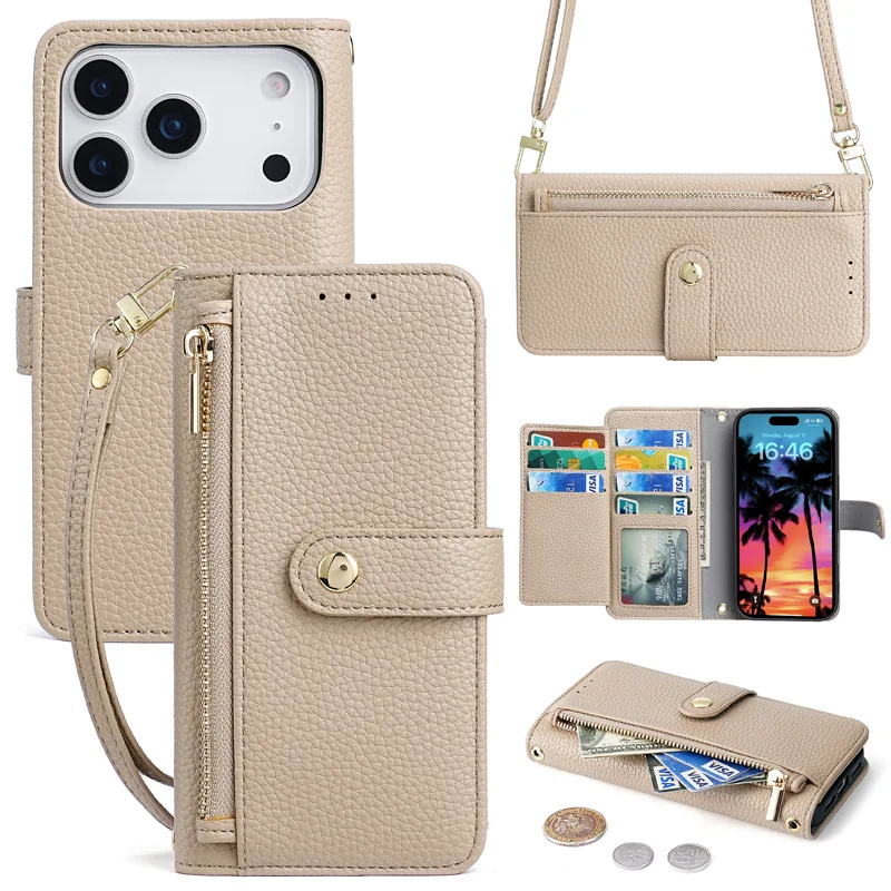 Zipper Wallet Leather Flip Phone Case with Card Holder and Crossbody Lanyard Strap