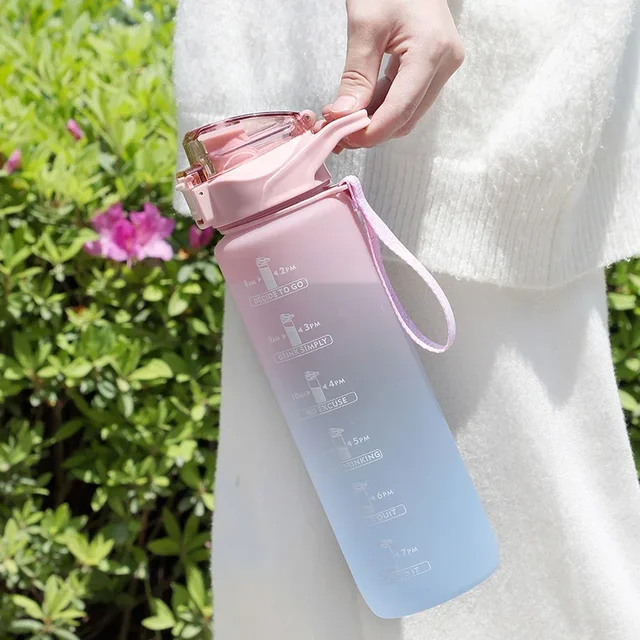 1 Liter Water Bottle with Straw Female Girls Large Portable Travel Bottles Sports Fitness Cup Summer Cold Water with Time Scale 4