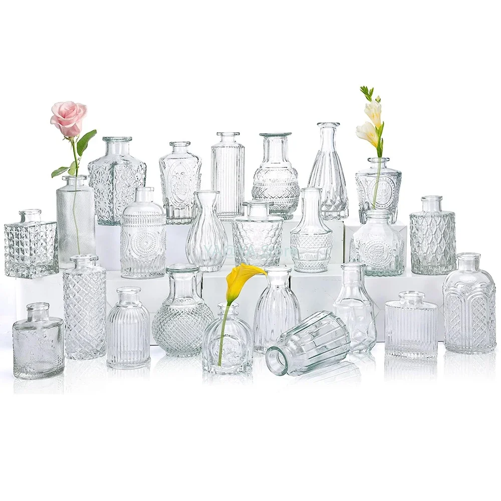 

Glass Set Vase Gift Wedding Decoration Vase Carved Mini Aromatherapy Country Wedding Decoration Vase Wholesale 24 Pcs