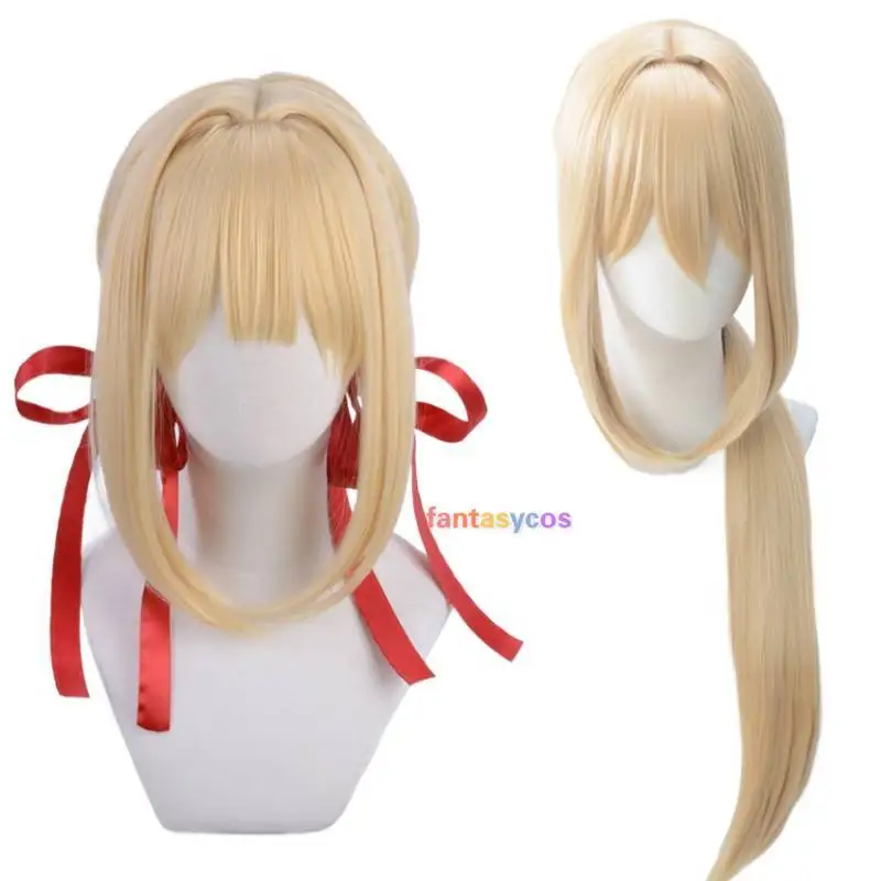 

Violet Evergarden Cosplay Wig Heat Resistant Synthetic Light Blonde Hair Halloween Costume Party Role Play Wigs with Ribbon