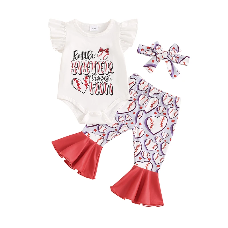 

Newborn Baby Girl Baseball Outfit Little Sister Biggest Fan Baseball Romper Flare Pants Set Infant Summer Clothes