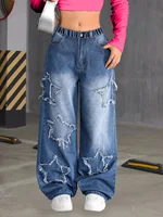 Nouveau jean droit tendance Y2K cinq étoiles pour fille, taille élastique, tissu confortable, adapté à toutes les saisons à porter. 3