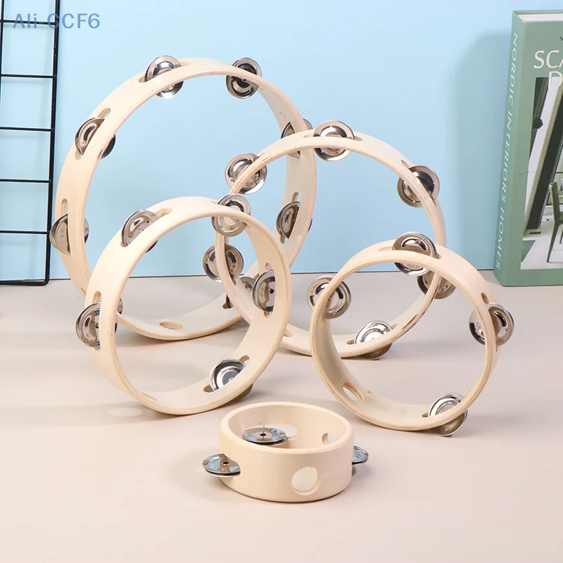 4/6/7/8/10Inch Hand Drums Toys Education Orff Musical Instrument Tambourine Hand Cranked Bell Single Row Wooden Tambourine Rings