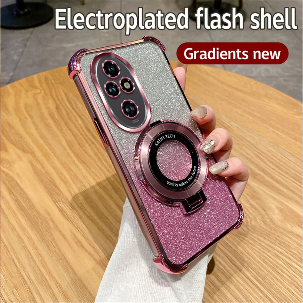 Glitter Shockproof Plating Phone Case with Bracket and Soft Stand Cover
