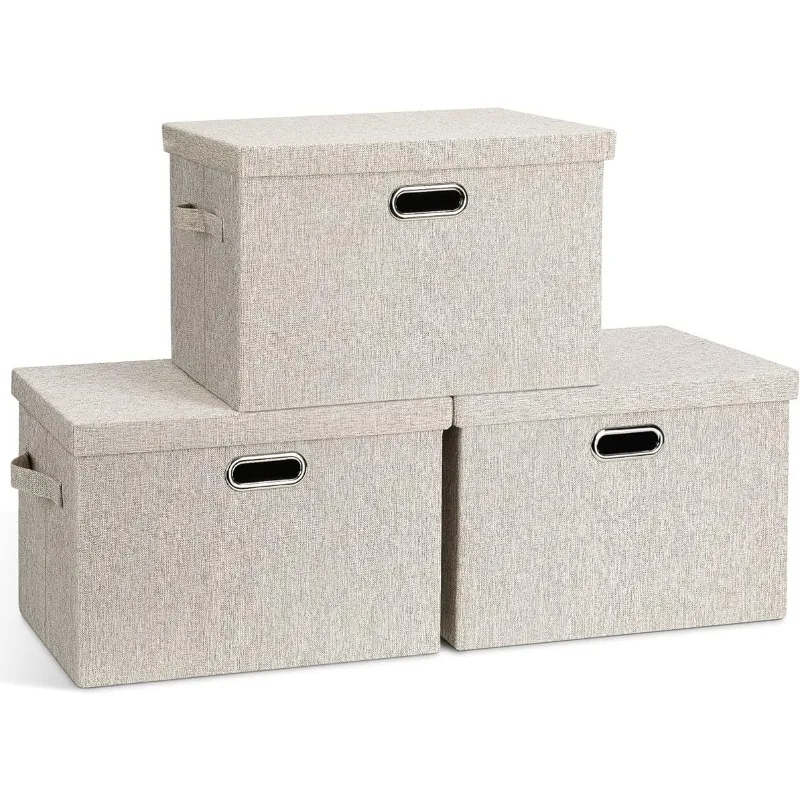 

4 Handles Toy Heavy-duty Dark Gray Linen Storage Cube Box Baskets Container Organizers for Bedroom Office (17 x 12 x 11)