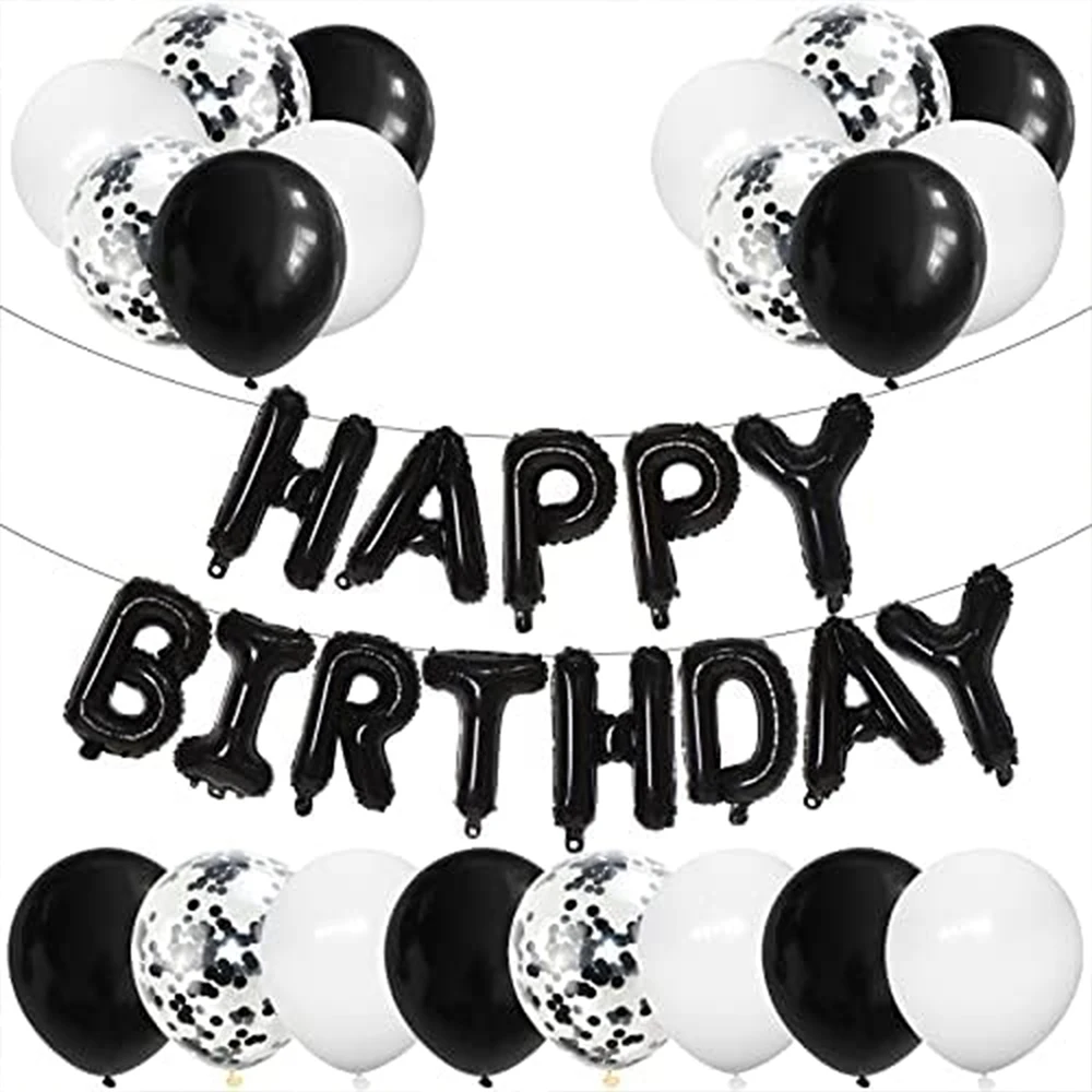 16-Zoll-Banner „Happy Birthday“-Ballonband mit schwarzem und weißem Ballon, Geburtstagsdekoration, Luftballons, Party, Feier