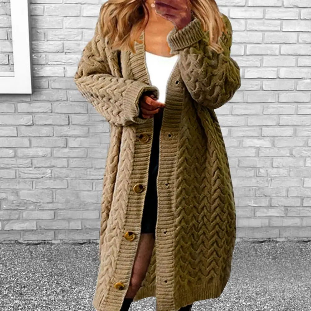 

Women Sweater Coat Solid Color Loose Long Sleeve Buttons Closure Cardigan Coat Autumn Winter Twist Texture Knitted Coat