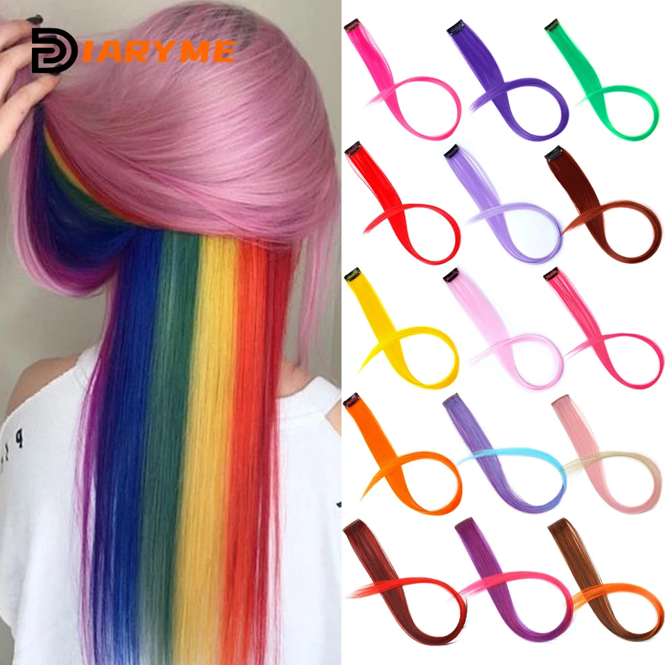 DM Synthetic One Card Hair Extensions Clip In Hair Heat Resistant Ombre Straight Hairpieces Colorful Hair For Girls Rainbow Hair