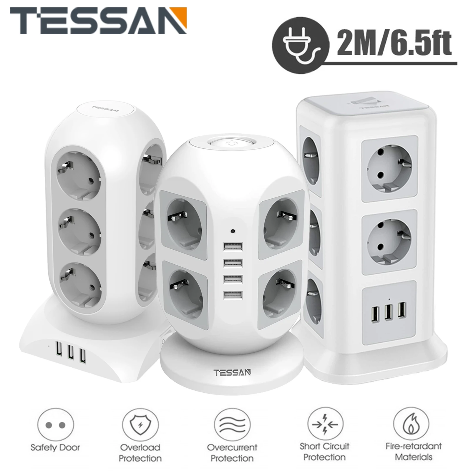 Tessan Ue Presa Di Estensione Di Alimentazione Striscia Di Torre Con 8/11/12 Punti Vendita E 3/4 Porte Usb, Presa Torre Protezione Da Sovraccarico Con