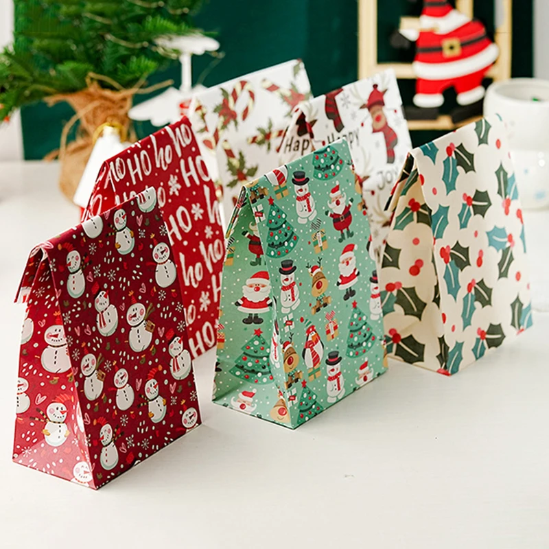Gift Bags Christmas Gift Bags Christmas Candy Packaging 5pcs Christmas Kraft Paper Bags Snowflake Santa Claus Printing Candy Bag Cookies Packing Bags New Year Navidad Party Supplies