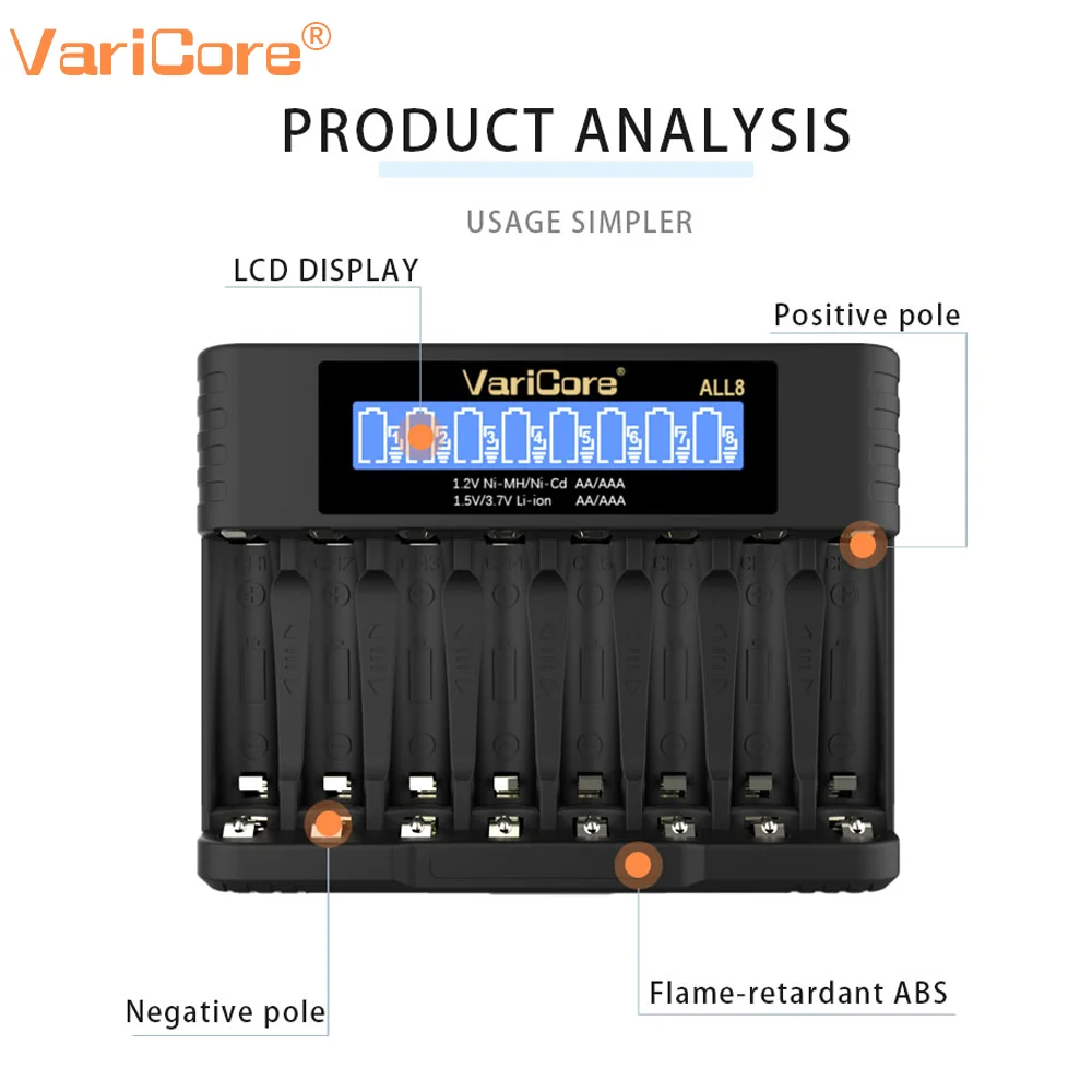 Battery Charger VariCore AA/AAA 4 8-slot LCD ALL4 8 Suitable for 1.2V Ni-MH 1.5V/3.7V Li-ion Batteries