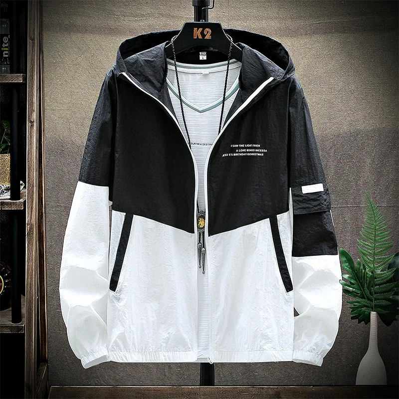 motorcycle jacket motorcycle clothing Skin Coats Men Ultra Light UV Sun Protection Big Size Hooded Windbreaker Jacket Men's Striped Casual Outwear Motorcycle Jackets