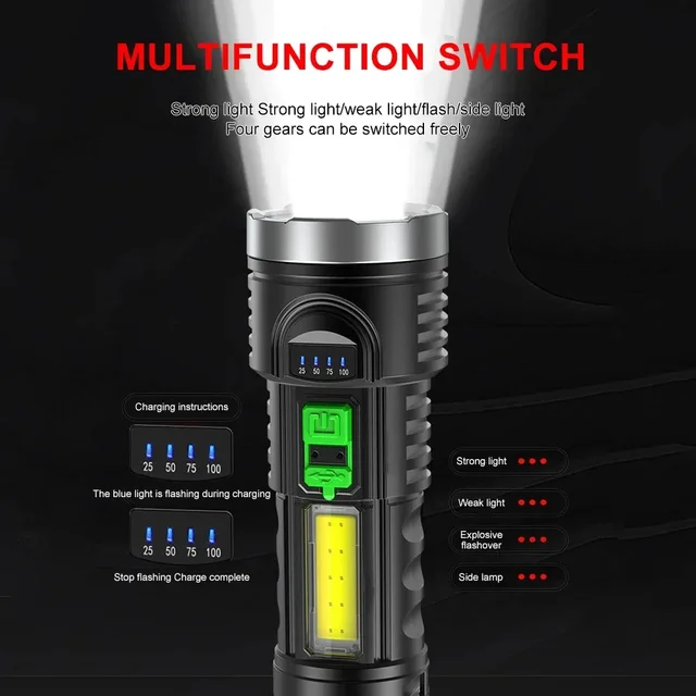High Power Flashlight 18650 Rechargeable Led Torch Flashtorch Tactical Light Self Defense Camping Climbing Emergency Lighting 3